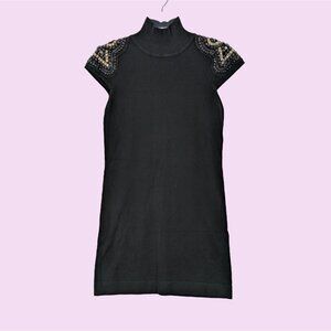 Forever 21 Women Black Turtleneck Embellished Short Sleeve Tunic‎ Dress Size L